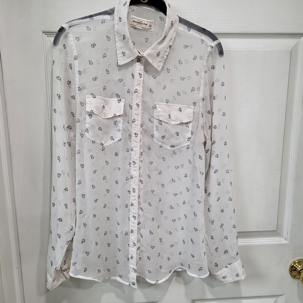 Abercrombie White Sheer Button-Up Blouse with Floral Print